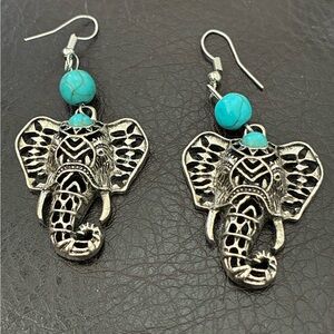 Silver-toned Elephant Earrings with Turquoise Accents